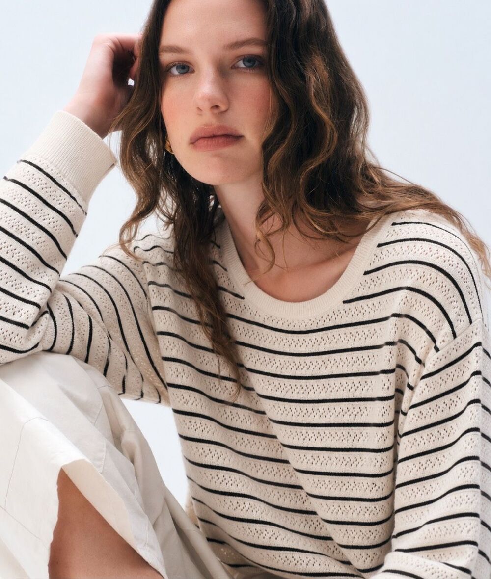 White + Warren Cream & Black Striped Pointelle Cotton-Blend Sweater, Med $325 E1
